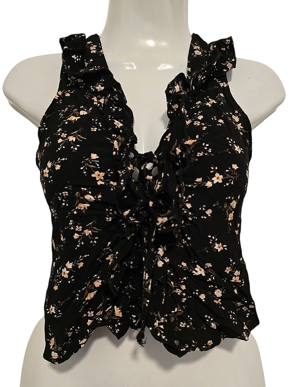 Don't Ask Why - Black Floral Ruffle Sleeveless Blouse